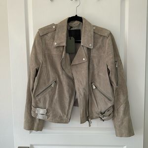 AllSaints Taupe Suede Leather Moto Jacket